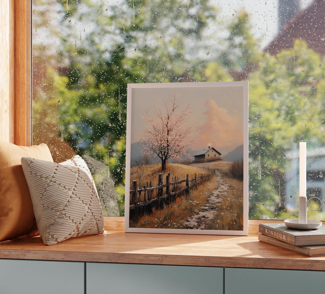 Cottage On A Quiet Hillside Rustic Autumn Fence Cherry Blossom Poster - Image 5