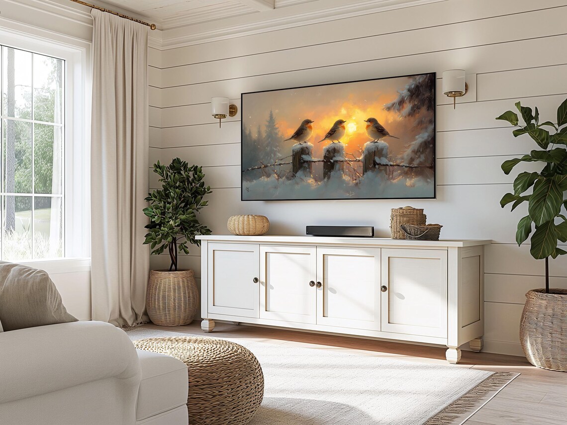 Winter Songbirds Trio Snowy Fence Posts Fiery Sunset Birds Painting Poster - Image 3