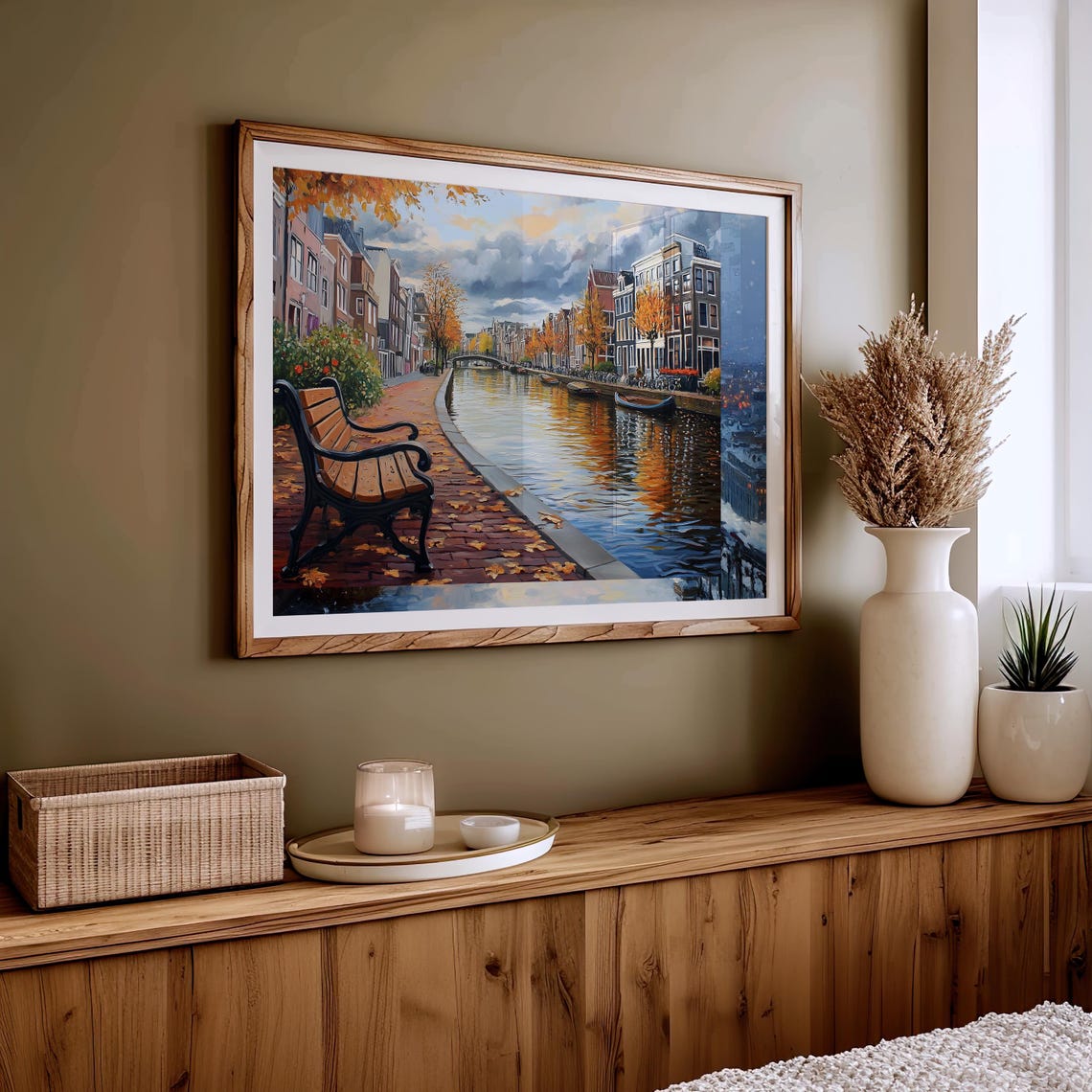 Amsterdam Autumn Canal Bench Golden Trees Fall Waterside Street Poster - Image 5