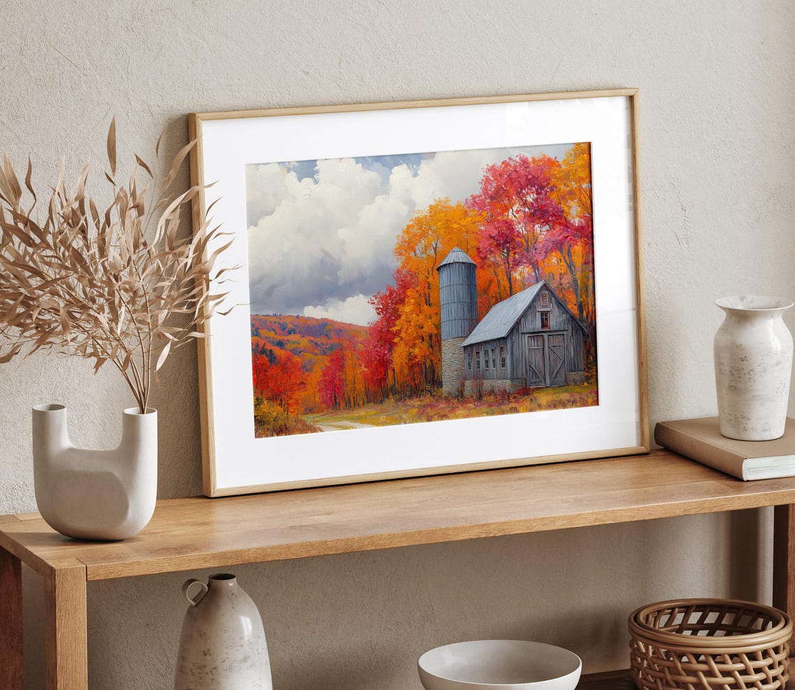Gray Barn and Stone Silo Among Vivid Red Autumn Foliage Poster - Image 4