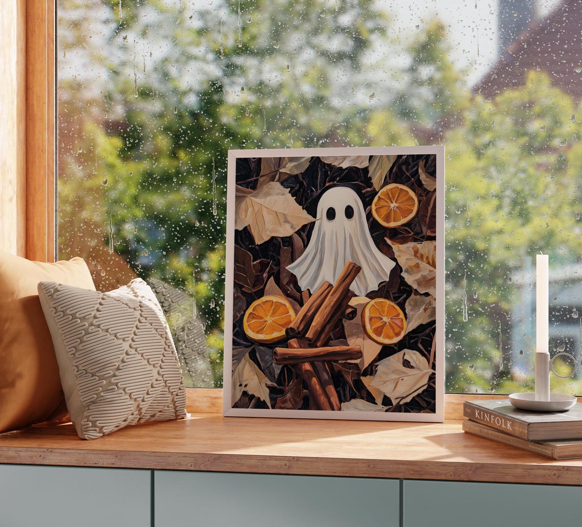 Cute Ghost Autumn Still Life Oranges Cinnamon Halloween Poster - Image 2