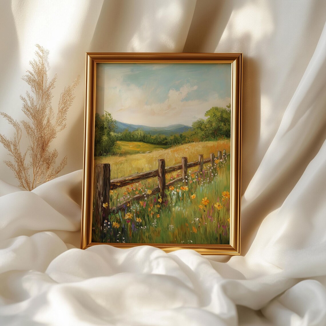 Rustic Wooden Fence Wildflower Meadow Country Landscape Painting Poster - Image 2