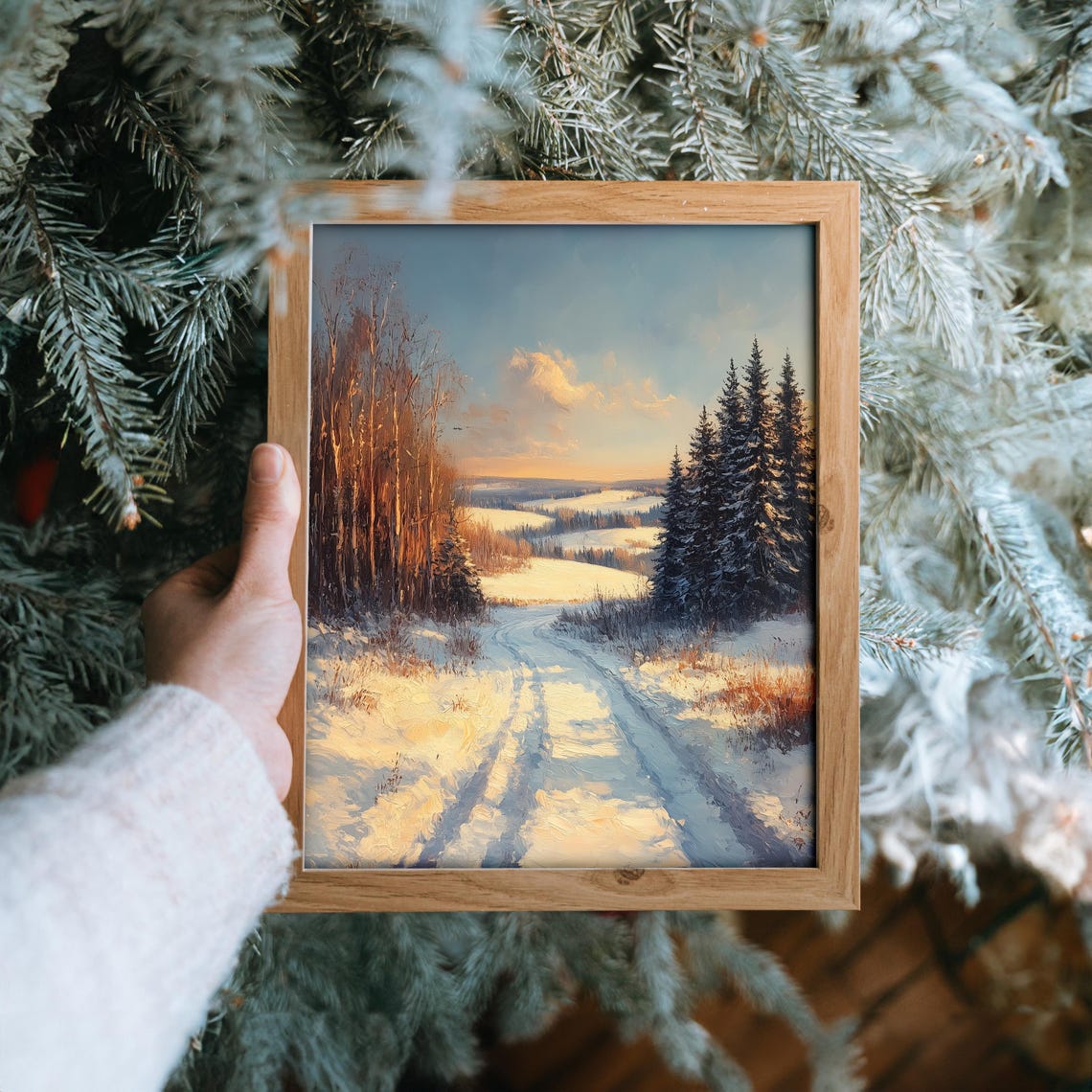Golden Sunrise over Snowy Forest Road on Winter Morning Poster - Image 6