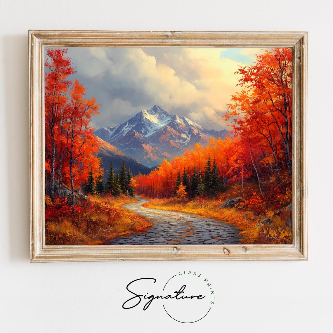 Cobblestone Path Autumn Forest Mountain Peak Oil Painting Poster