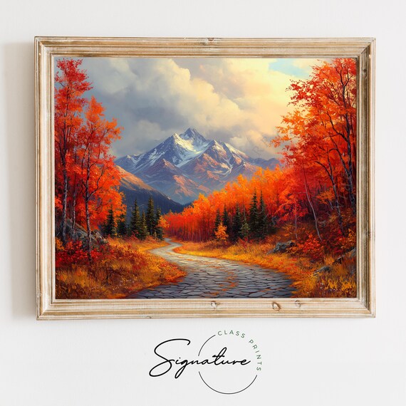 Cobblestone Path Autumn Forest Mountain Peak Oil Painting Poster