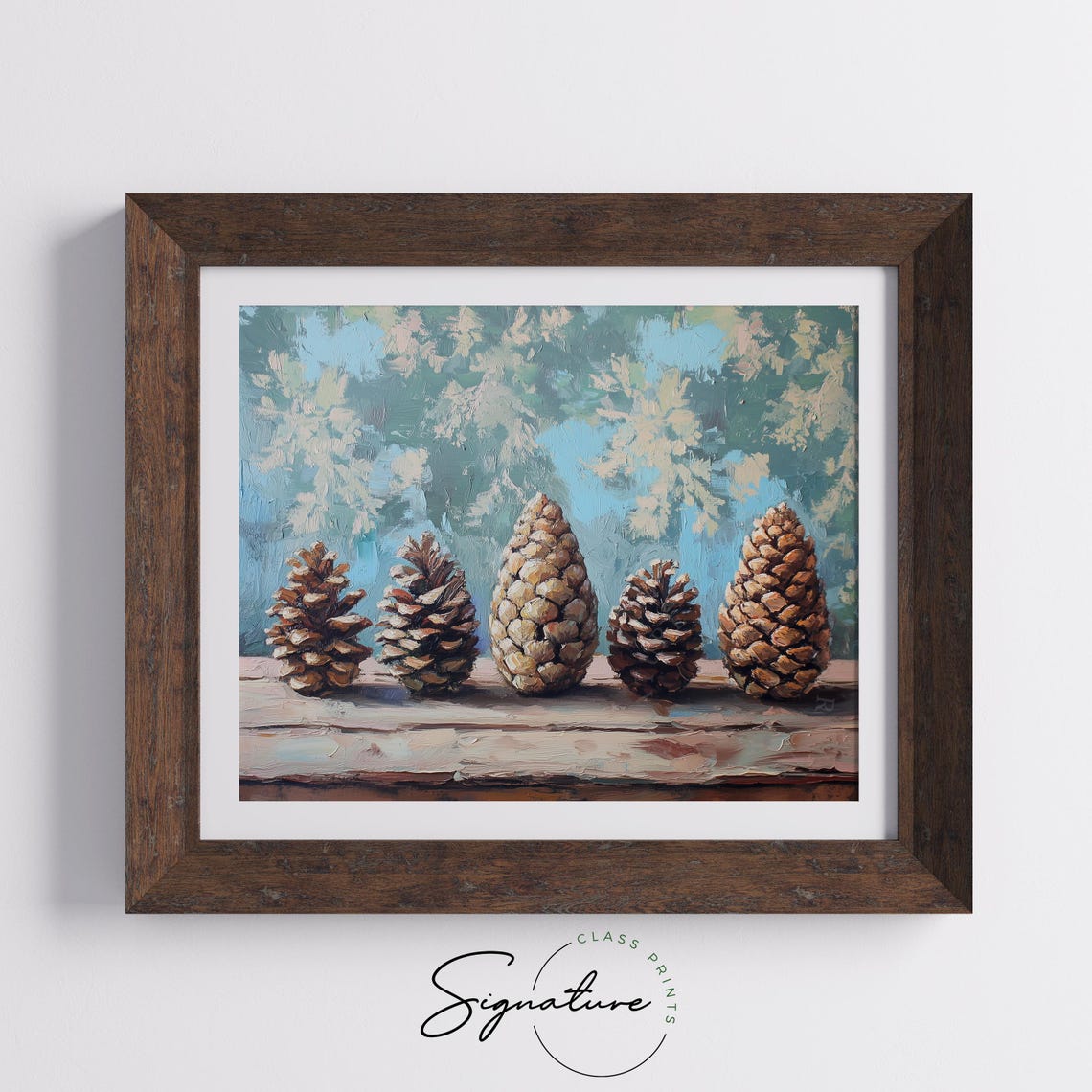 Five Pinecones On A Wooden Plank Against A Soft Blue Background Poster - Image 5