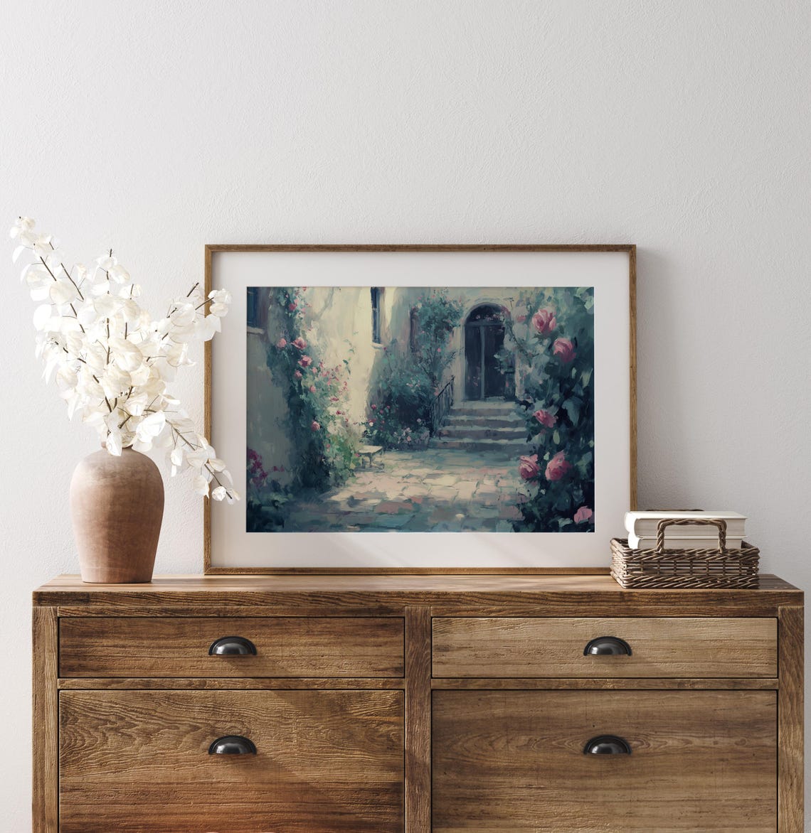 Sunlit Rose Covered Courtyard Villa Impressionist Floral Wall Art - Image 2