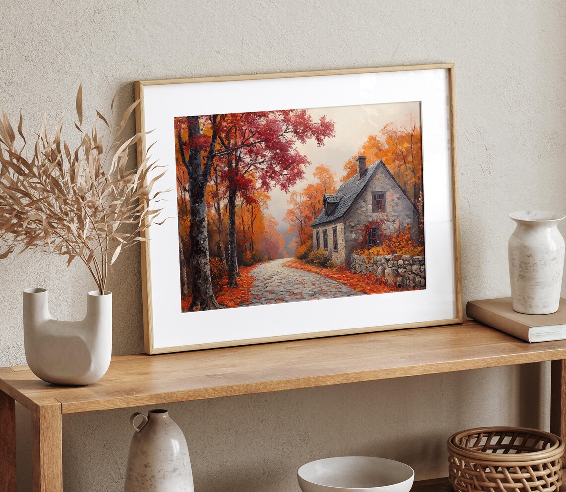 Stone Cottage Autumn Lane Falling Leaves Rustic Fall Landscape Wall Art - Image 4