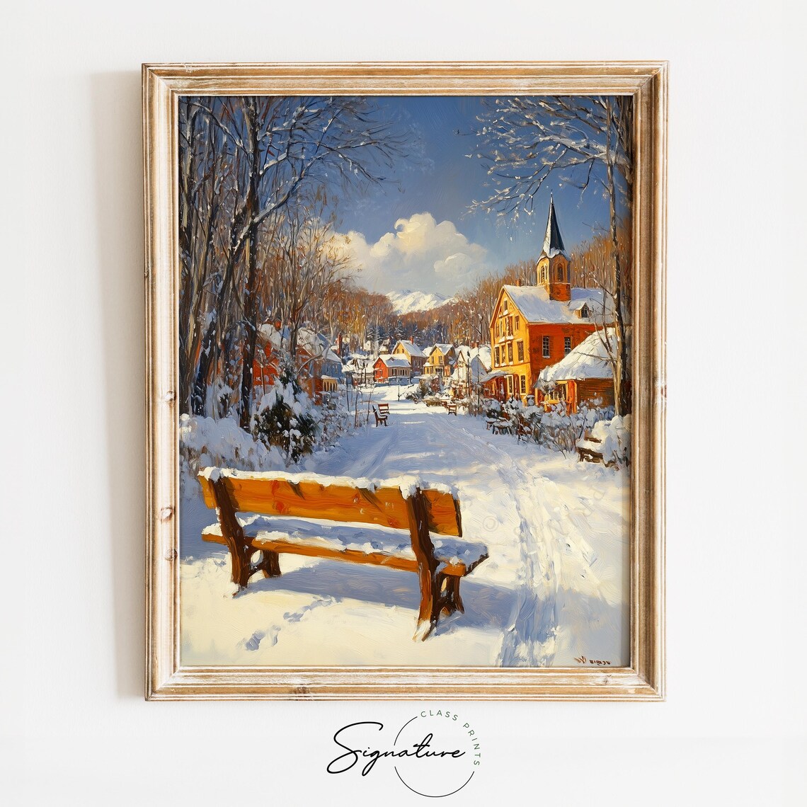 Sunny Snowy Village Street With Church And Bench Winter Scene Poster