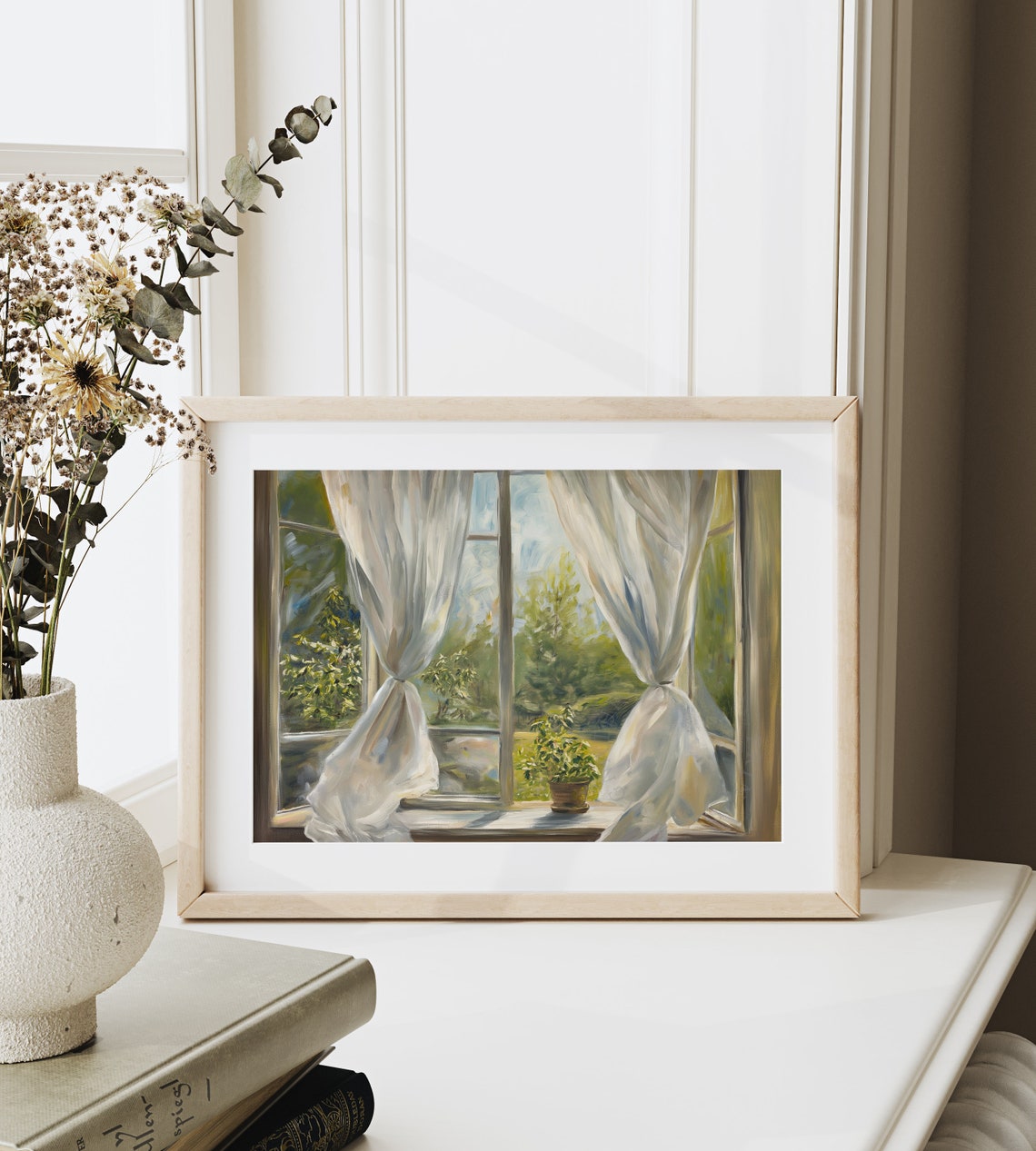 Sunlit Window Sheer Curtains Potted Plant Cozy Interior Poster - Image 6