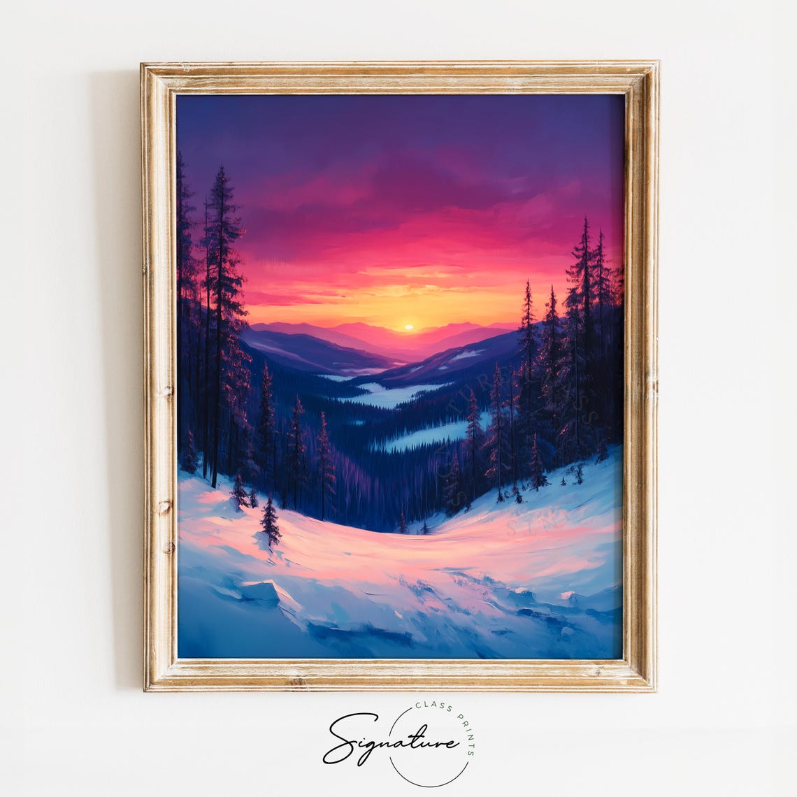 Magenta Sunset Over Snowy Valley Tall Pines Oil Painting Style Poster