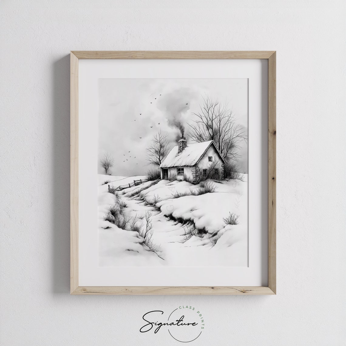 Isolated Stone Cottage In Snowy Landscape Winter Sketch Poster - Image 3
