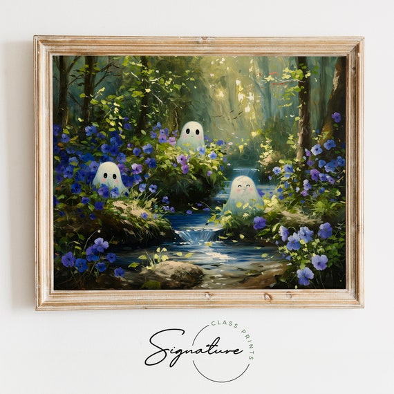 Cute Ghosts With Purple Flowers Painting Adorable Ghosts Discovering Delicate Flowers Whimsical Nature Decor Fall Wall Art 1039