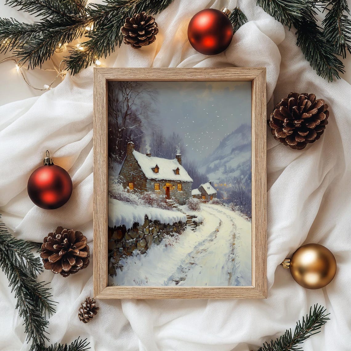 Stone Cottages on a Snowy Hillside Path at Winter Dusk Poster - Image 4
