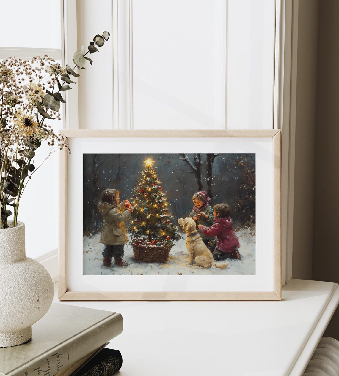 Three Children And A Dog Decorating A Lit Christmas Tree Poster - Image 6