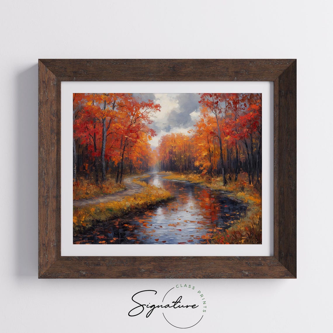 Red Autumn Forest Stream Mirror Reflection Landscape Painting Print - Image 5