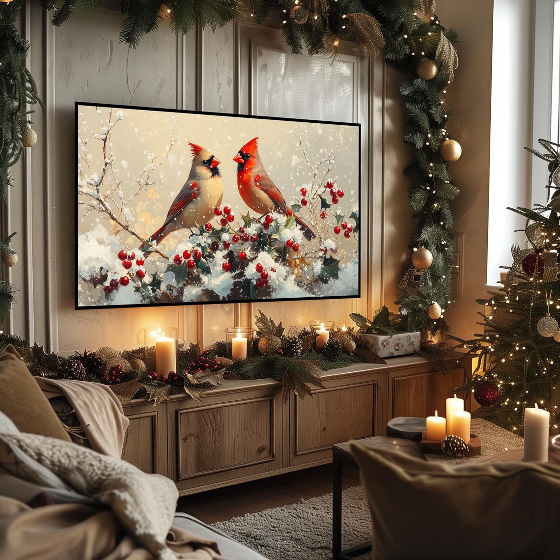 Cardinal Pair in Snowy Holly Bush Red Berries Winter Bird Poster - Image 3