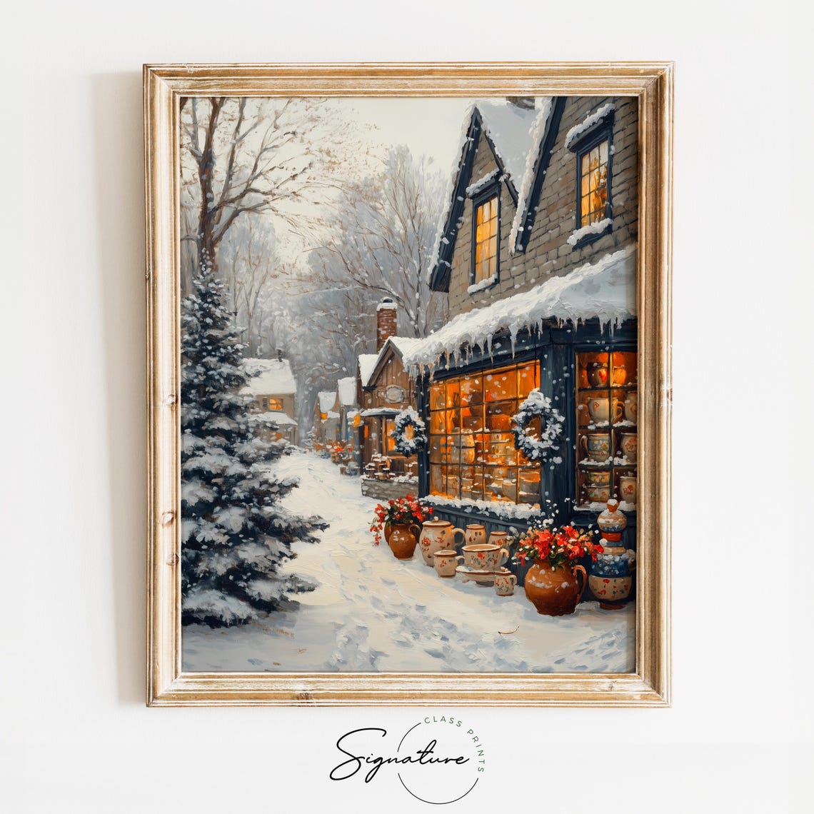 Snowy Pottery Shop with Glowing Window Winter Storefront Poster