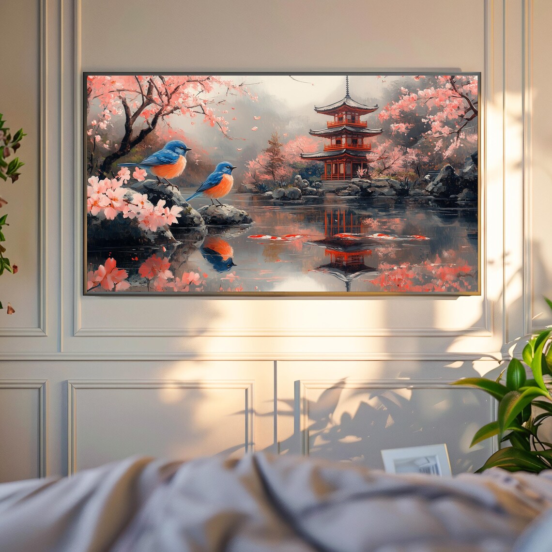 Japan Pagoda Lake Bluebirds Cherry Blossom Scenic Travel Poster - Image 4