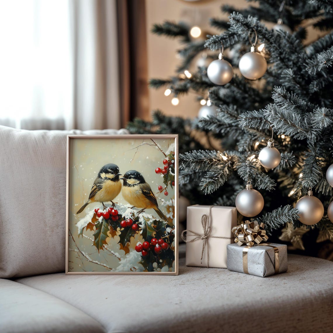 Two Chickadees With Holly And Berries On Snowy Branch Poster - Image 5