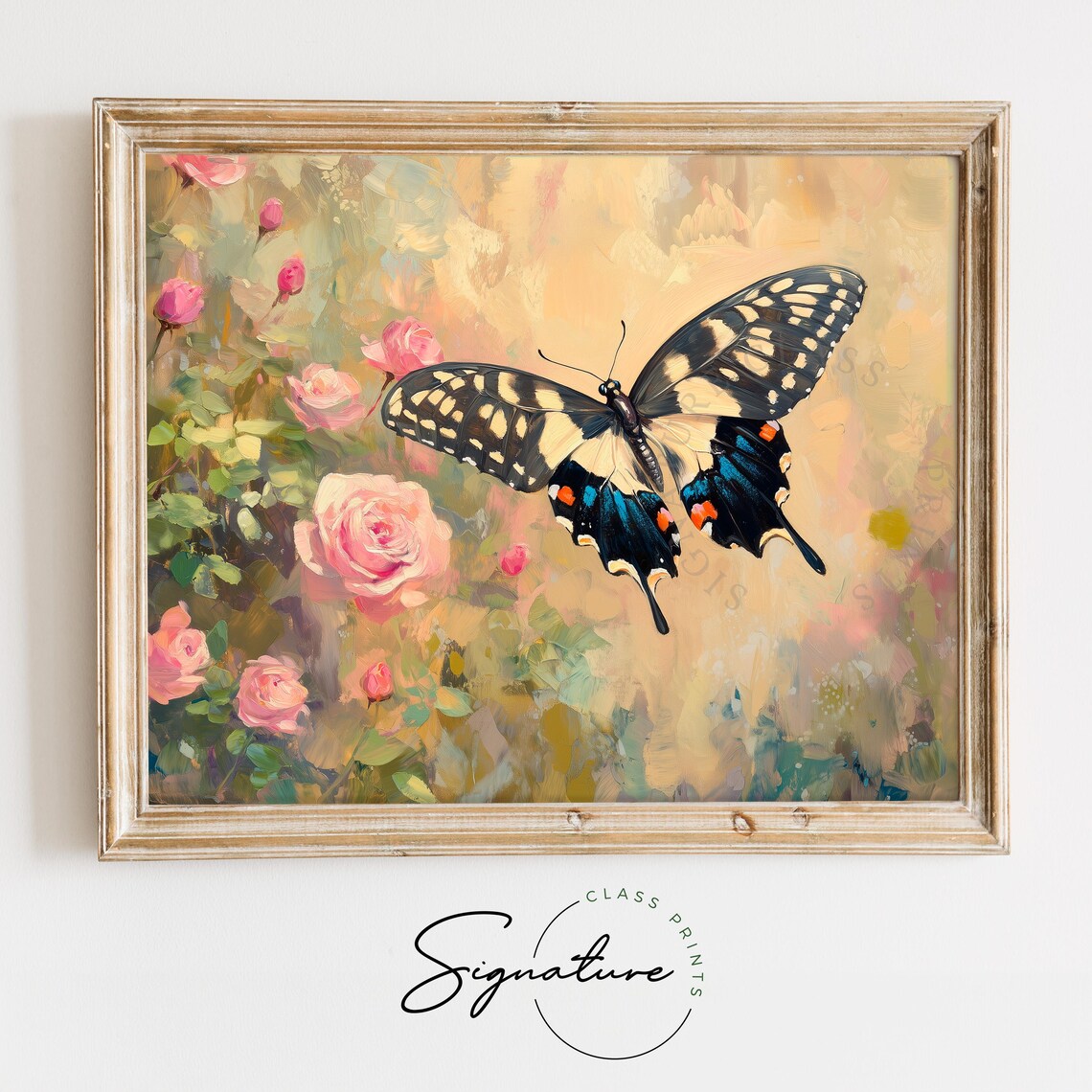Swallowtail Butterfly Over Pink Roses Vintage Insect Floral Wall Art