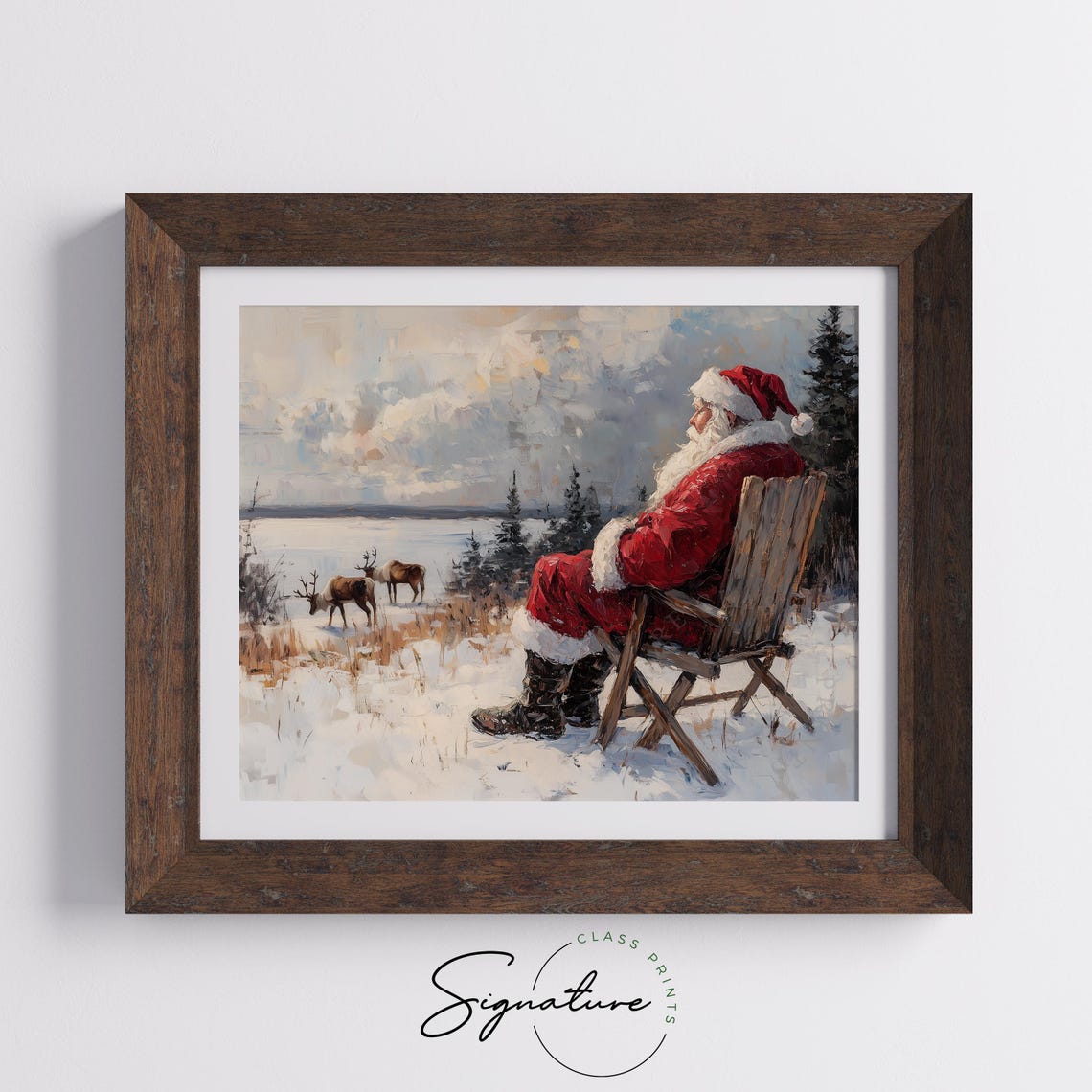 Santa Claus Resting In A Chair Watching Reindeer In Snow Poster - Image 5