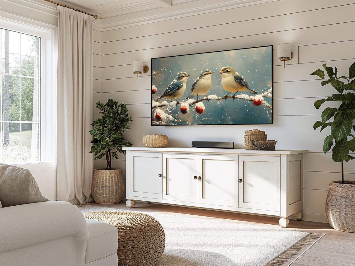 Three Tiny Songbirds Snowy Branch Red Berries Winter Art Poster - Image 3