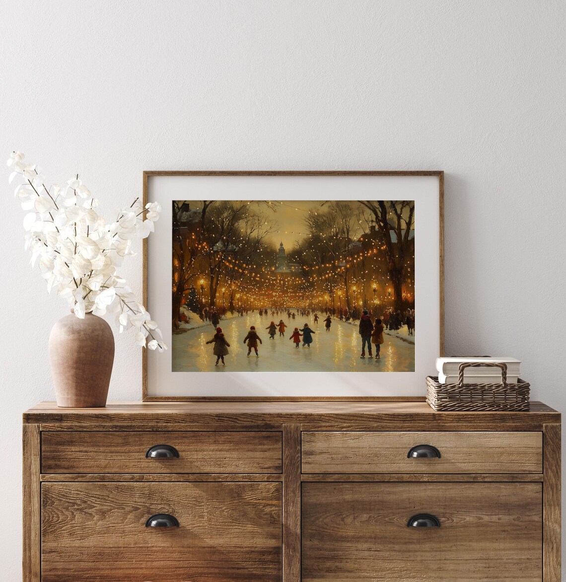 Ice Skaters Under String Lights on Night Rink Winter Holiday Art Poster - Image 2
