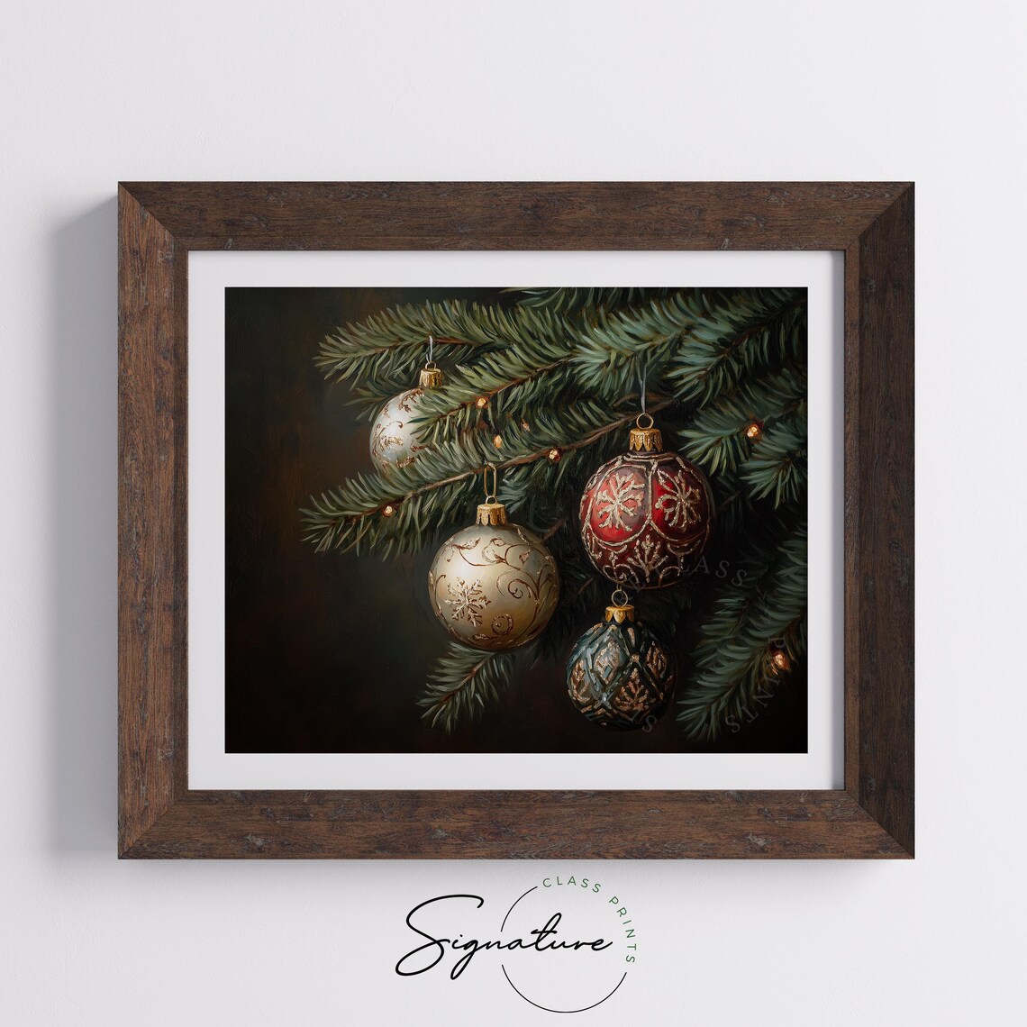 Four Ornate Vintage Christmas Ornaments On A Dark Fir Branch Poster - Image 5