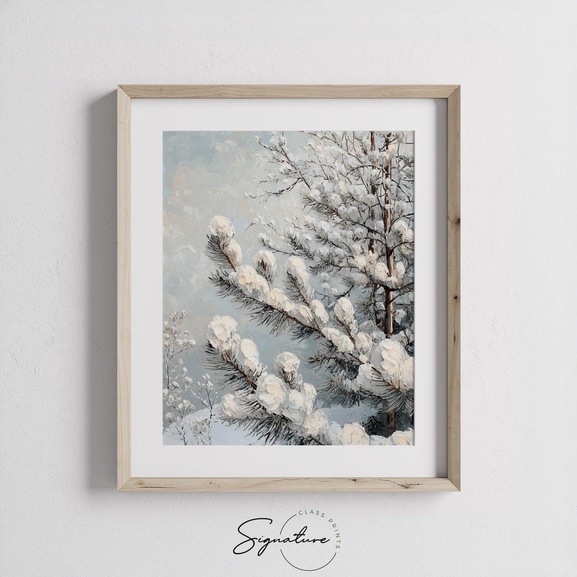 Snow Laden Pine Branches Close Up Textured Oil Painting Poster - Image 2