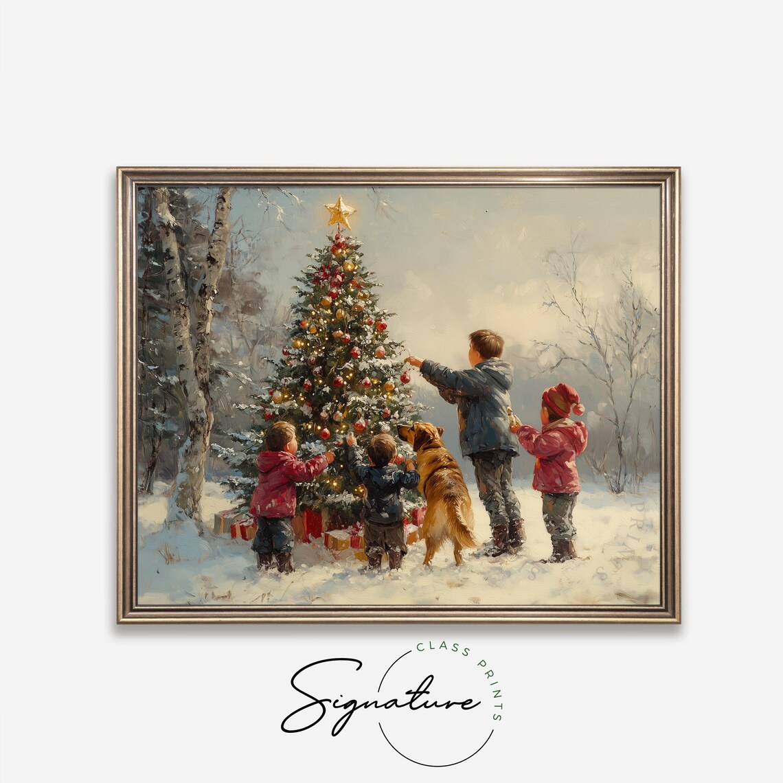 Children and Golden Retriever Decorating Outdoor Christmas Tree Poster - Image 4