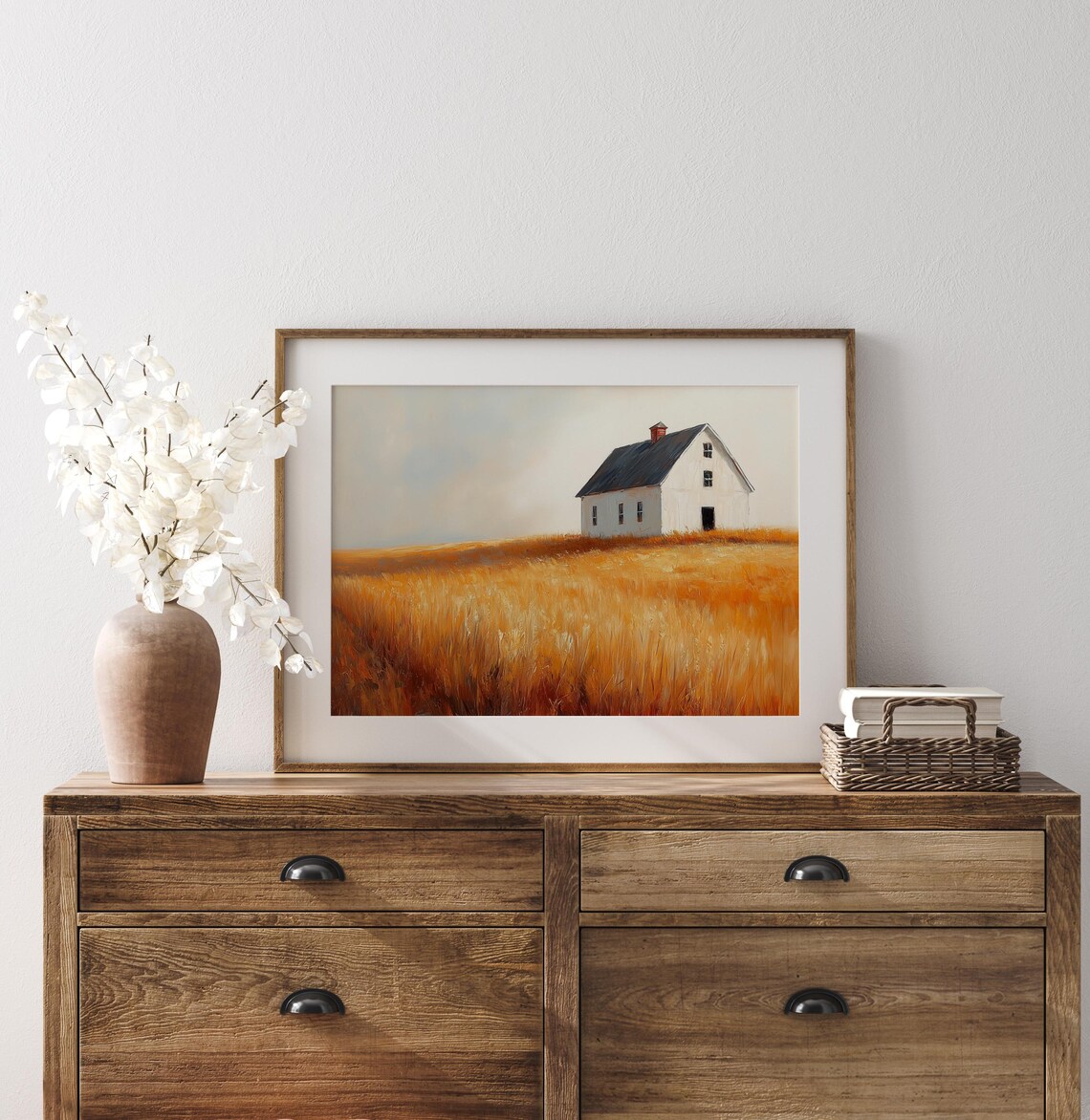Small White Farmhouse Sitting in Sea of Golden Wheat Under Soft Sky Wall Art - Image 3