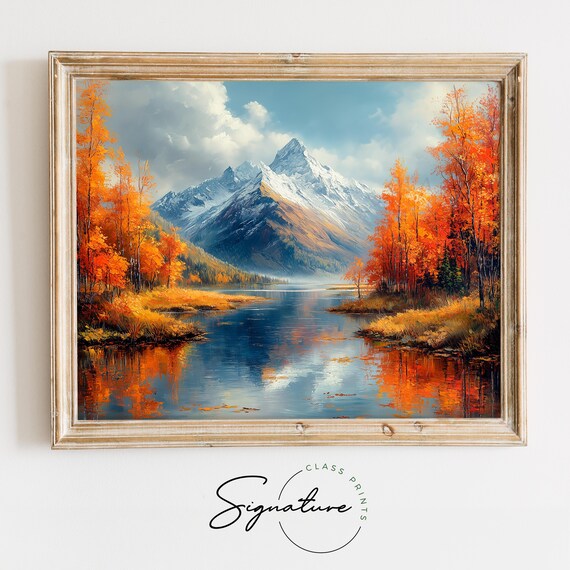Snow Capped Mountain Reflected in Still Lake Framed by Autumn Birches Wall Art