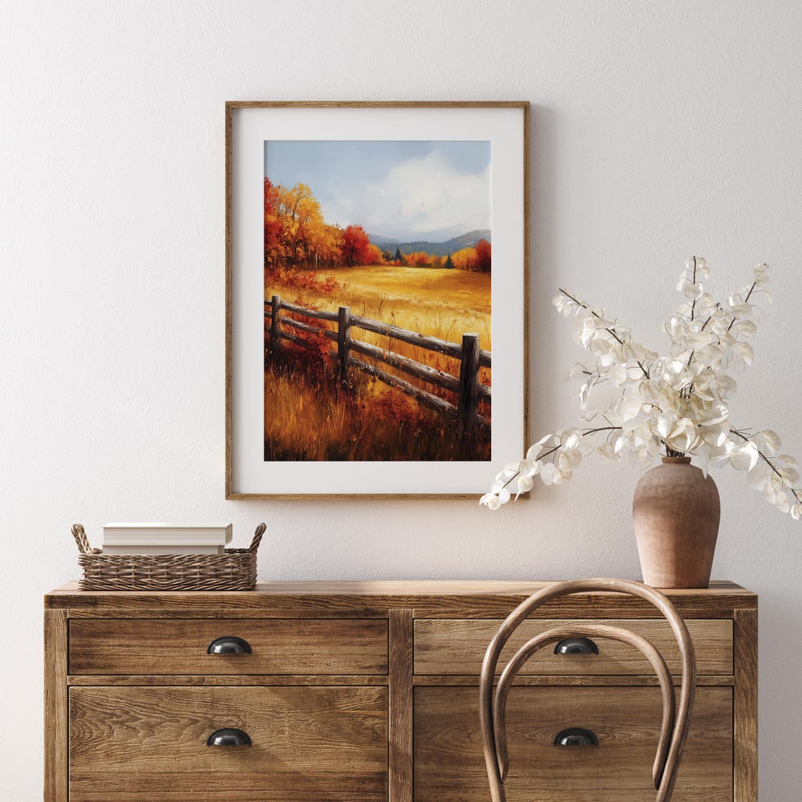 Autumn Meadow with Wooden Fence and Distant Mountain View Poster - Image 5