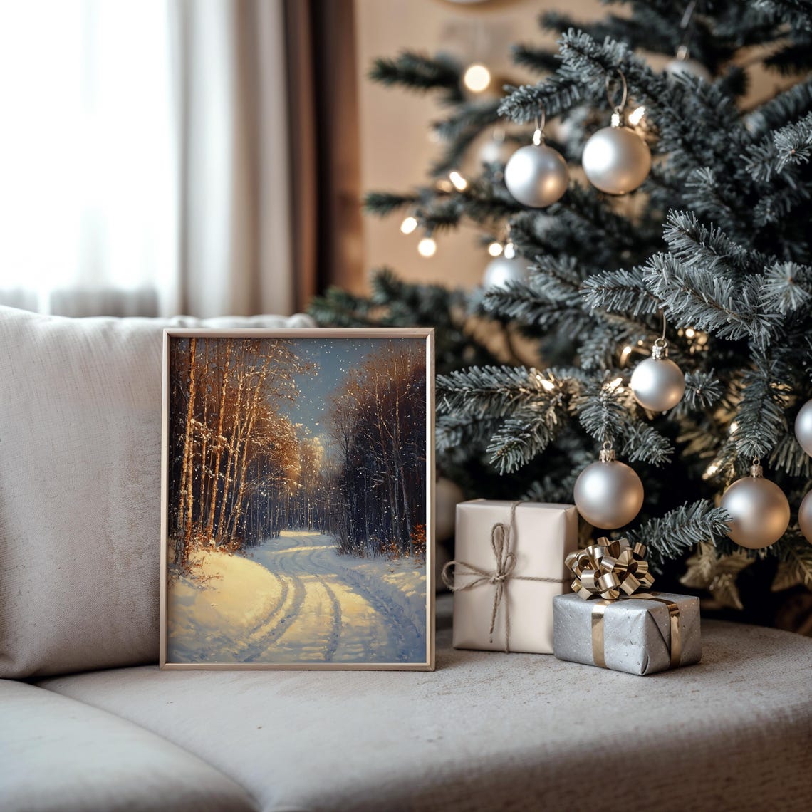 Sunlit Snowy Birch Forest Road in Golden Winter Light Poster - Image 5