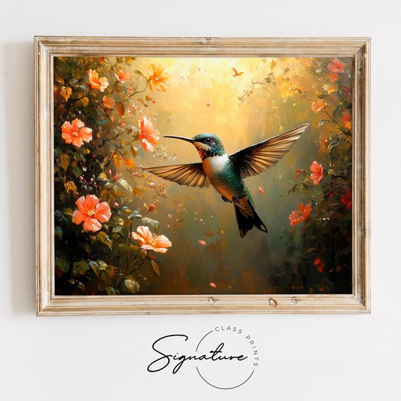 Vibrant Hummingbird Amid Blooming Garden Golden Bird Wall Art