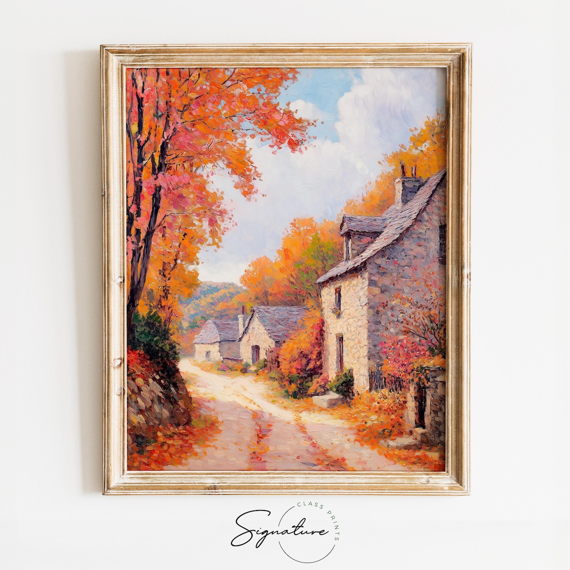 Quaint Village Street Autumn Stone Cottages Fall Village Scene Poster