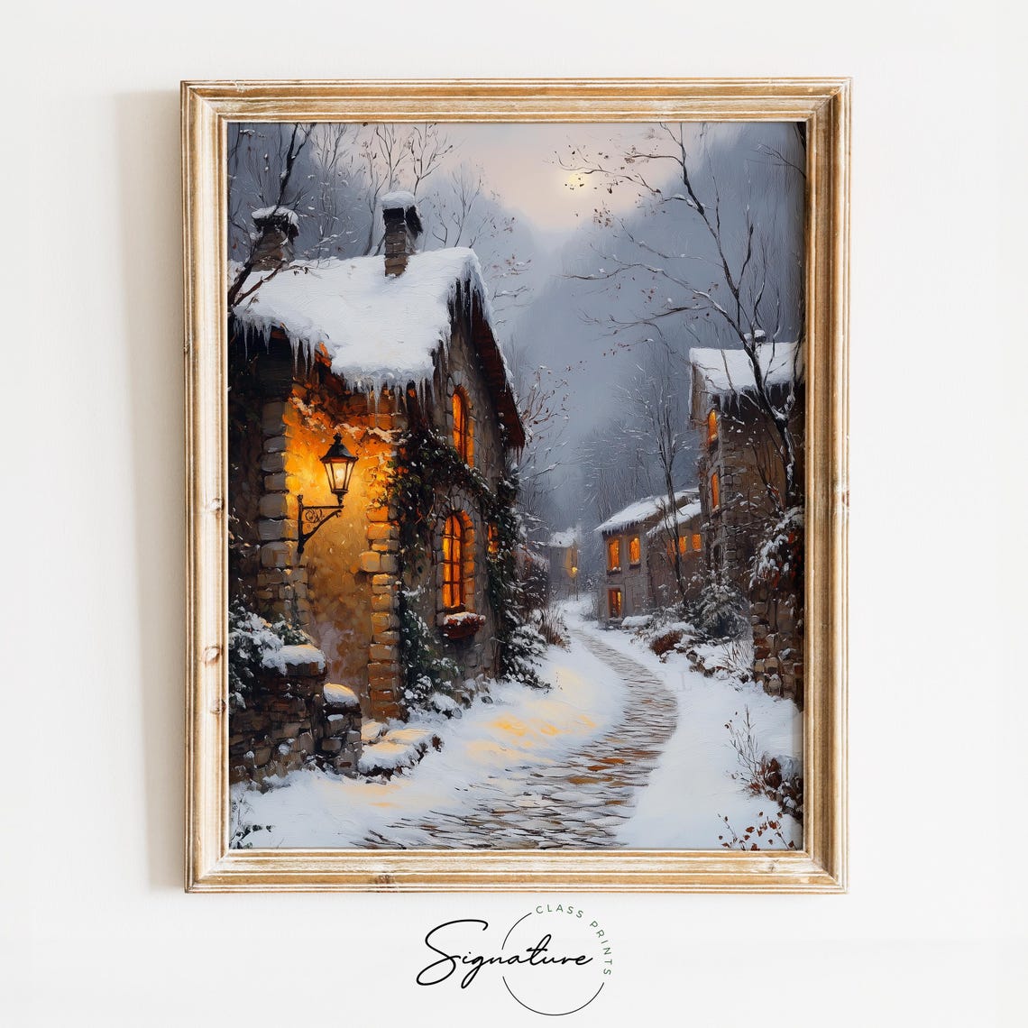 Snowy Stone Cottage Lane at Dusk with Glowing Lantern Poster