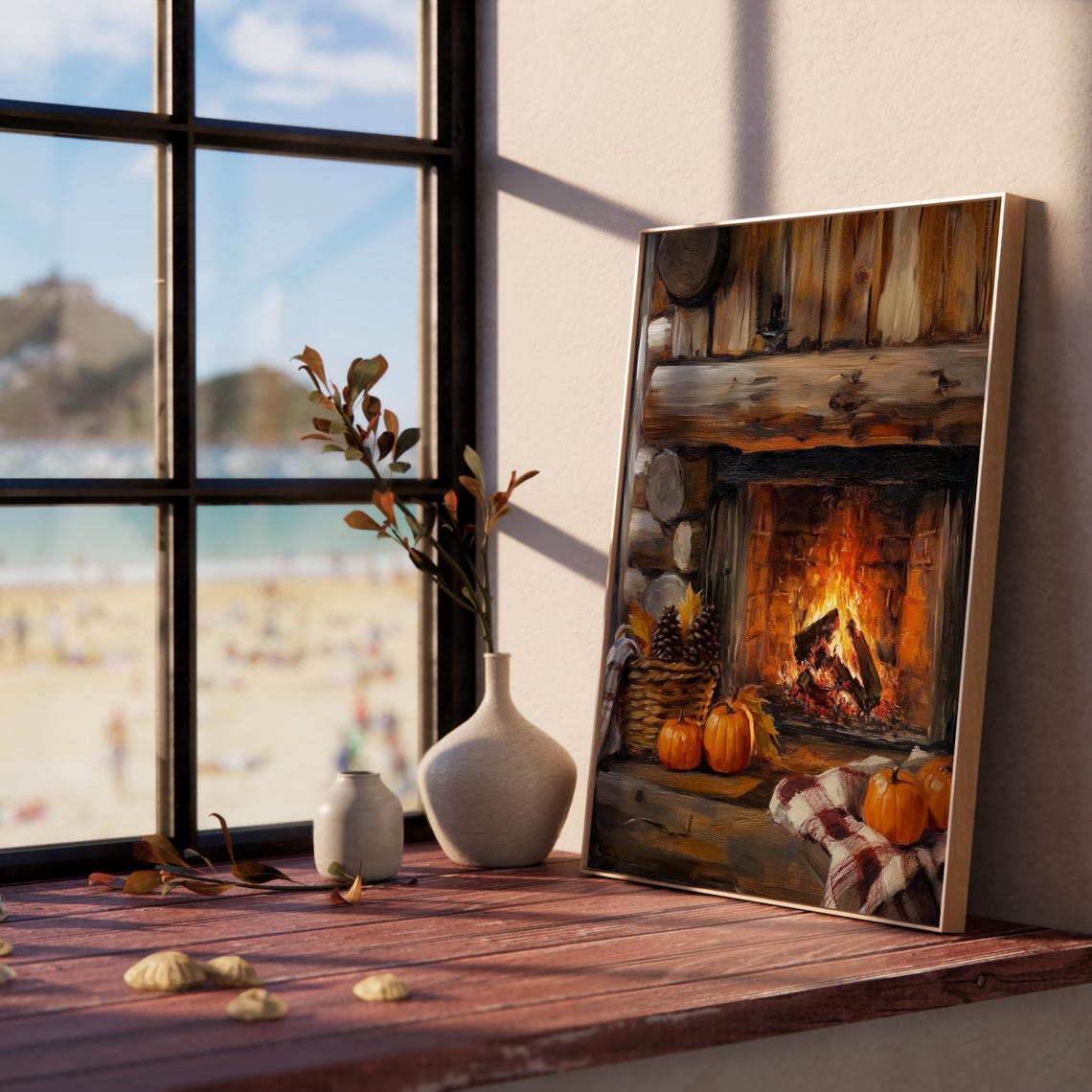 Cozy Log Cabin Fireplace with Pumpkins and a Pinecone Basket Poster - Image 5