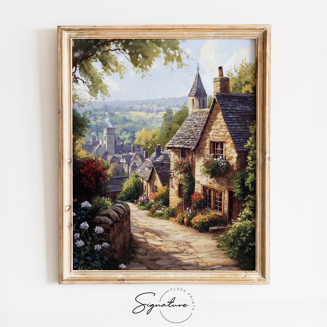 English Village Street Stone Cottages Church Spire Countryside Poster