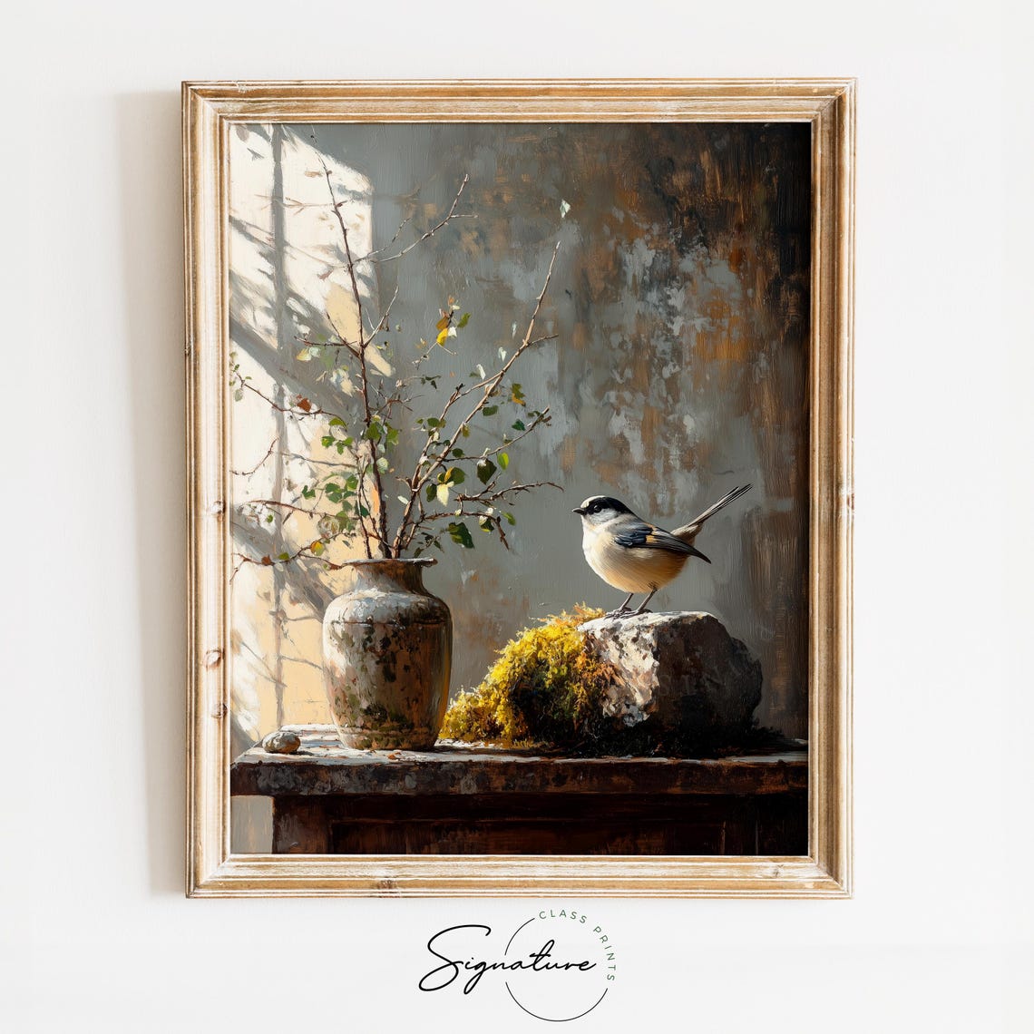 Small Winter Bird on a Mossy Rock With Rustic Vase Still Life Poster