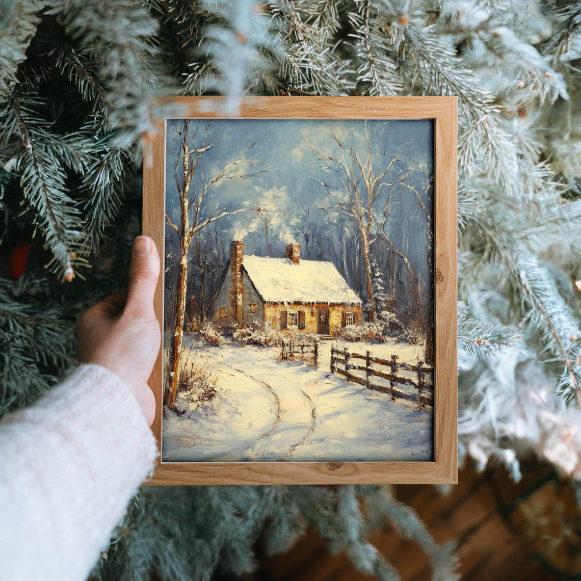 Snowy Cottage With Glowing Windows in a Winter Forest at Dusk Poster - Image 6