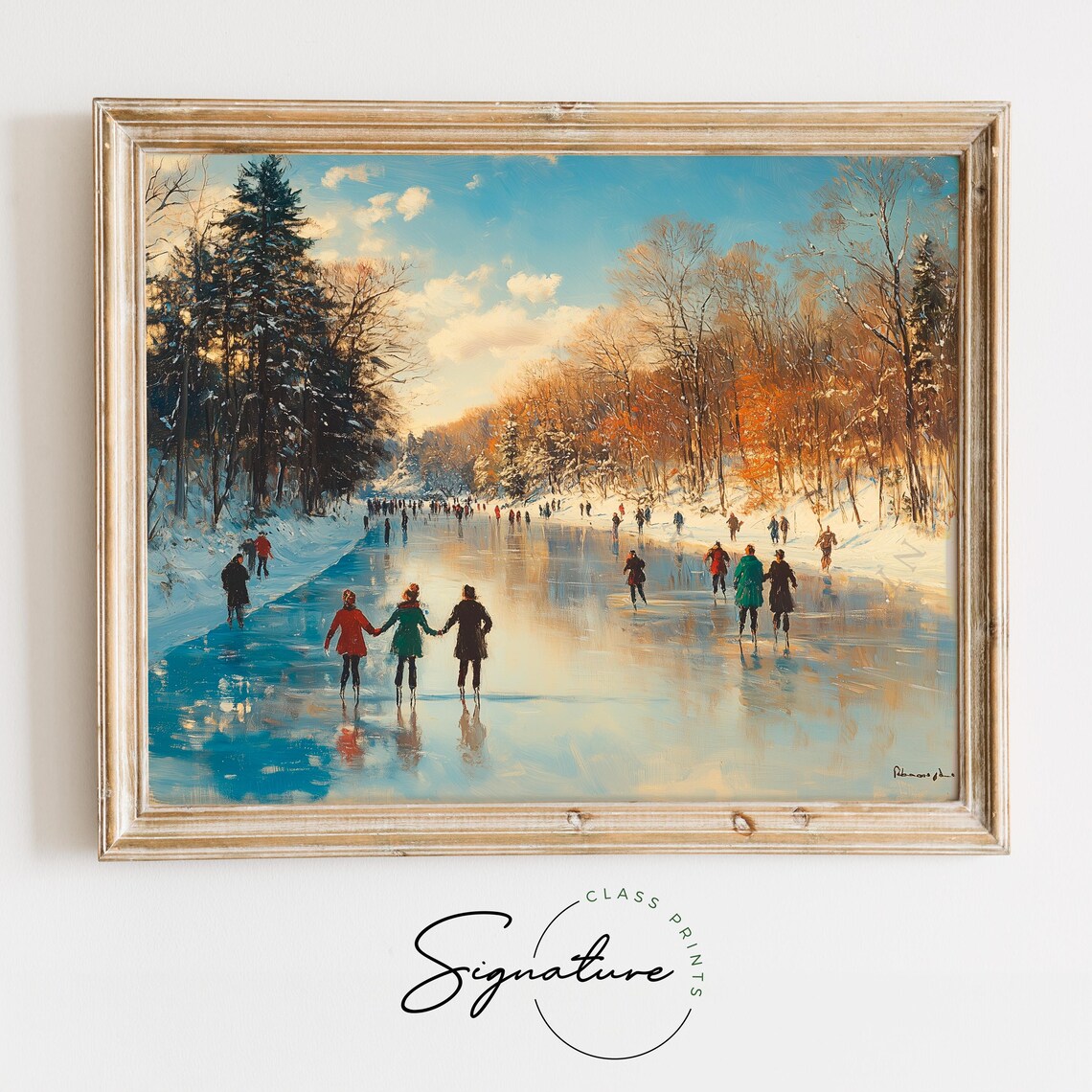 Families Ice Skating On Frozen River Sunny Winter Day Poster