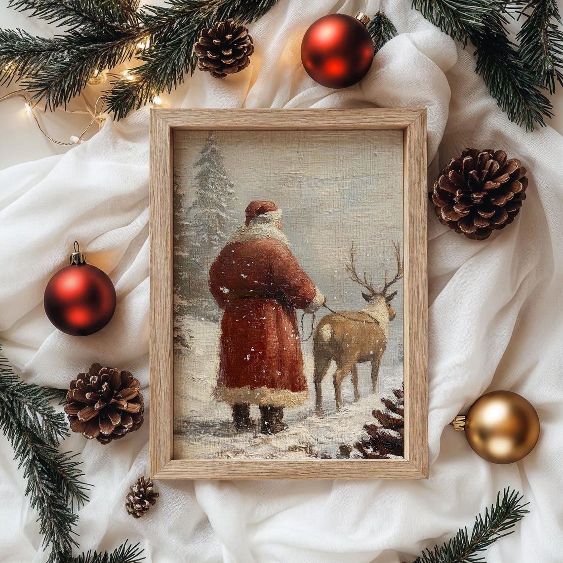 Santa Claus Walking Away With a Reindeer Through Falling Snow Poster - Image 4
