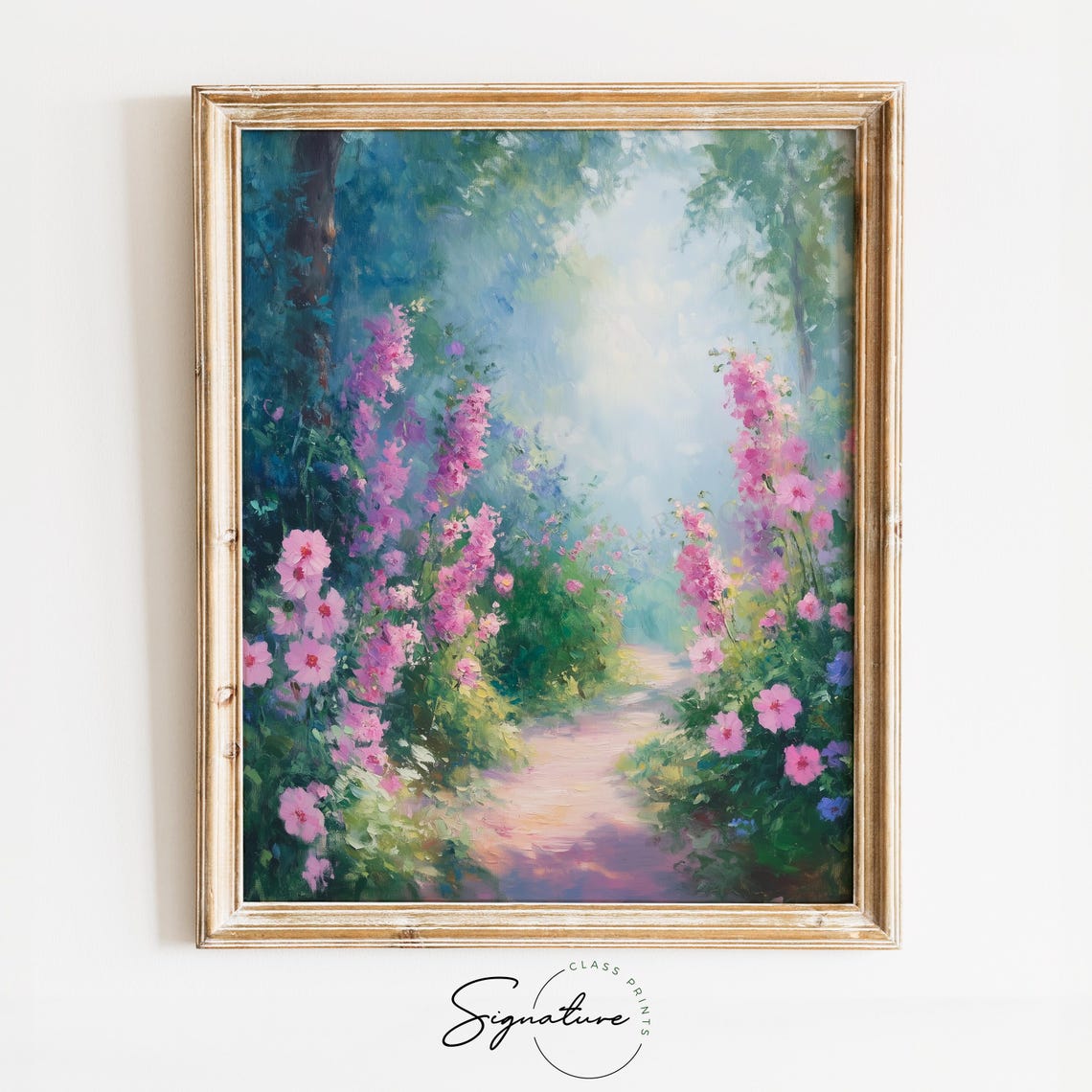 Enchanted Garden Path Pink Blossoms Misty Dreamlike Art Poster