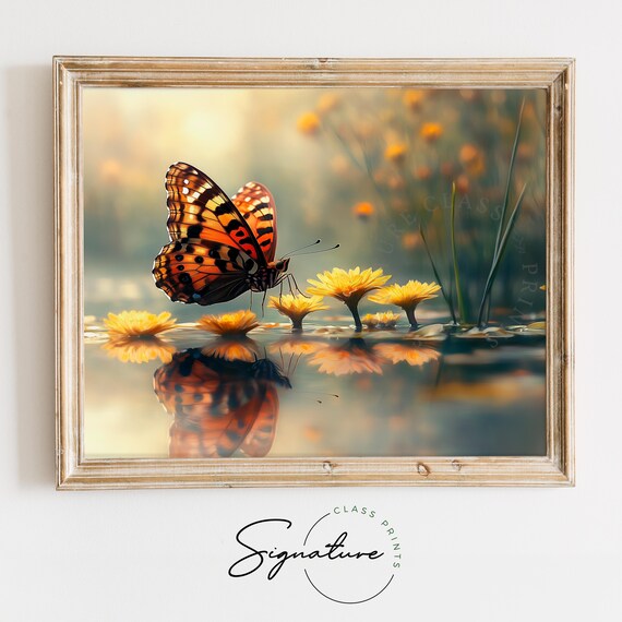 Butterfly Reflection In Golden Water With Yellow Flowers Calm Art Poster