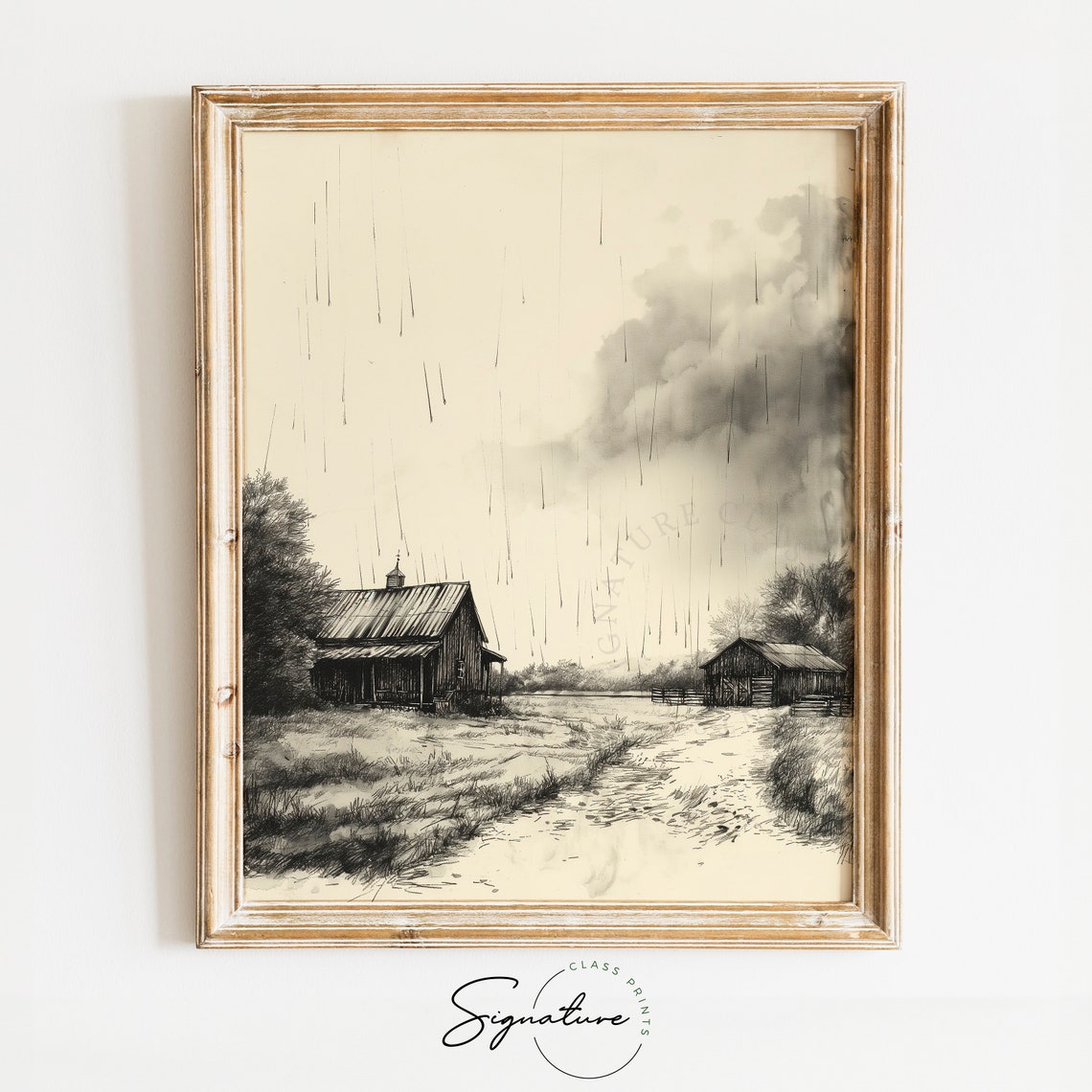 Rainy Farmstead Rustic Barn Sketch Stormy Countryside Landscape Poster