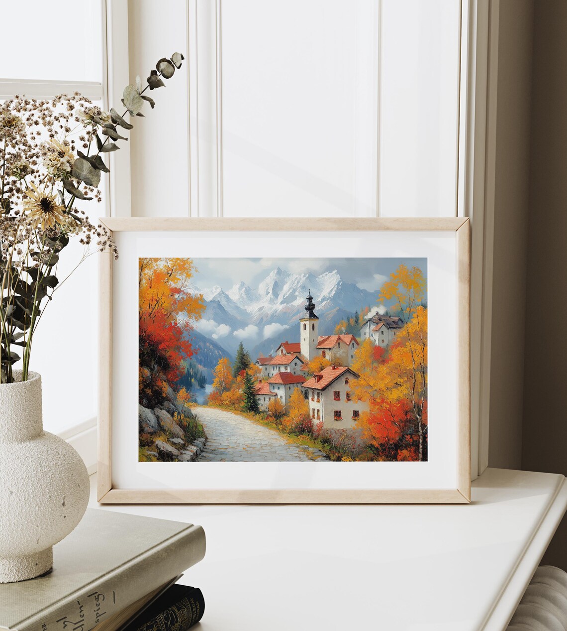 Alpine Village Church Snowy Peaks Autumn Oil Painting Travel Poster - Image 6