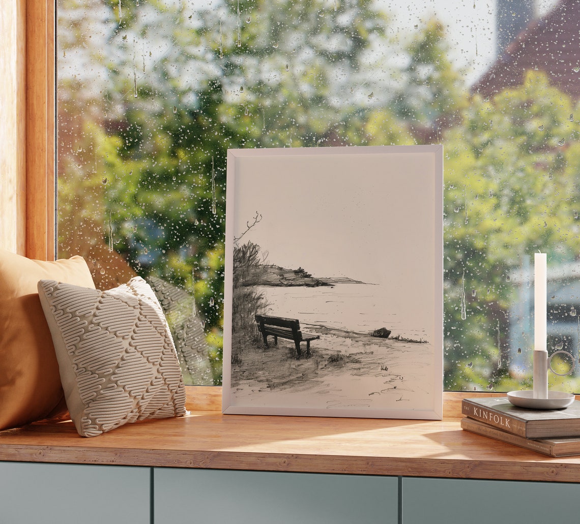 Lakeside Bench Overlooking Calm Cove Tranquil Water Sketch Poster - Image 2