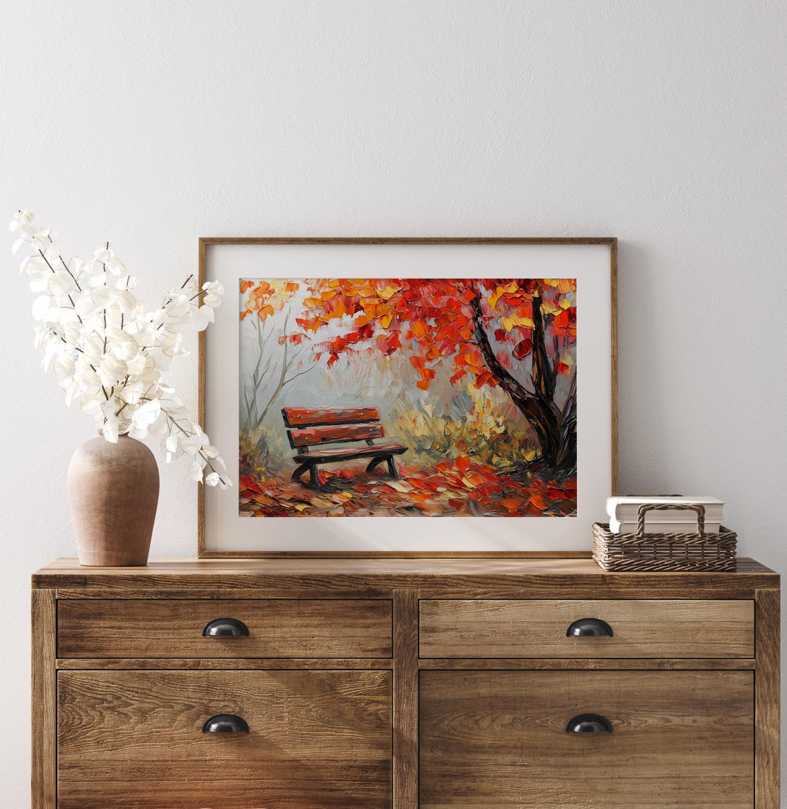 Autumn Park Bench Painting Red Maple Tree Vibrant Fall Leaves Poster - Image 3